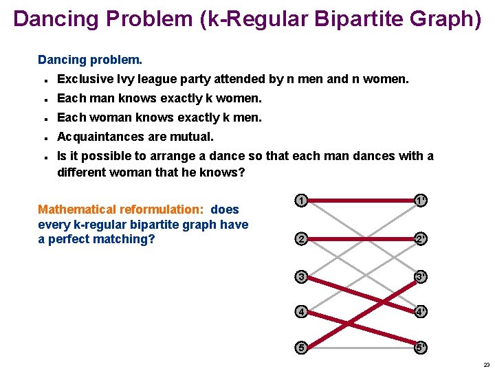 Dancing Problem (k-Regular Bipartite Graph) Dancing problem. n Exclusive Ivy league party attended by