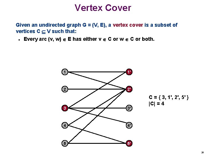 Vertex Cover Given an undirected graph G = (V, E), a vertex cover is