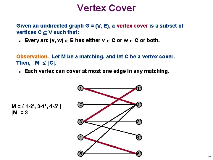 Vertex Cover Given an undirected graph G = (V, E), a vertex cover is