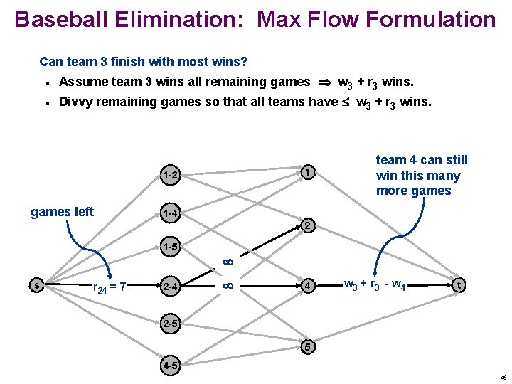 Baseball Elimination: Max Flow Formulation Can team 3 finish with most wins? n Assume