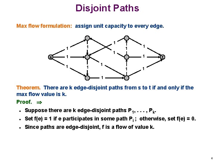Disjoint Paths Max flow formulation: assign unit capacity to every edge. 1 s 1