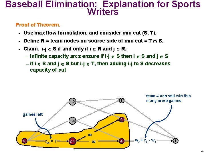 Baseball Elimination: Explanation for Sports Writers Proof of Theorem. n Use max flow formulation,