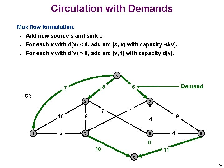 Circulation with Demands Max flow formulation. n Add new source s and sink t.