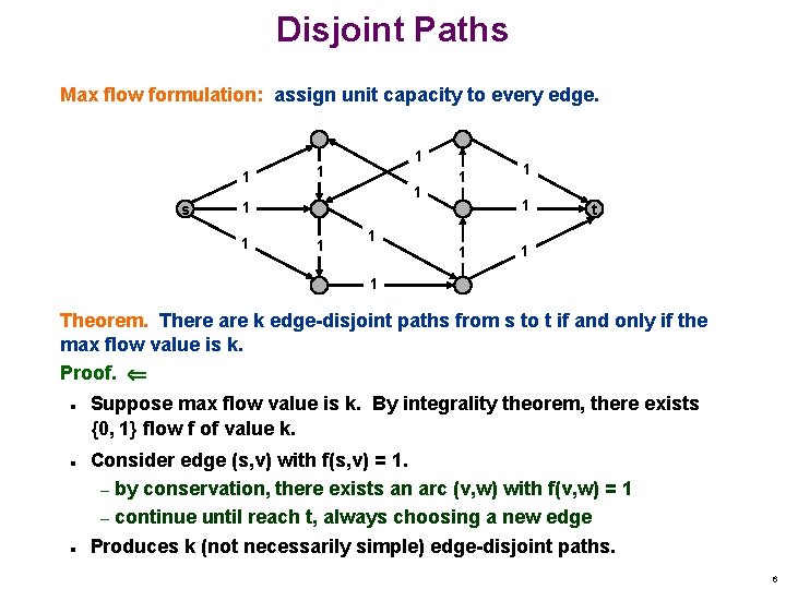 Disjoint Paths Max flow formulation: assign unit capacity to every edge. 1 s 1