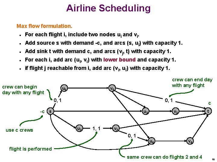 Airline Scheduling Max flow formulation. n For each flight i, include two nodes ui