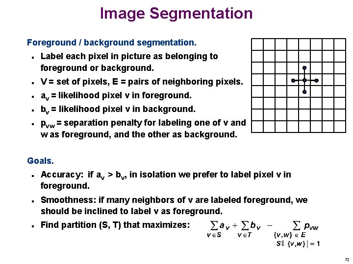 Image Segmentation Foreground / background segmentation. n n Label each pixel in picture as