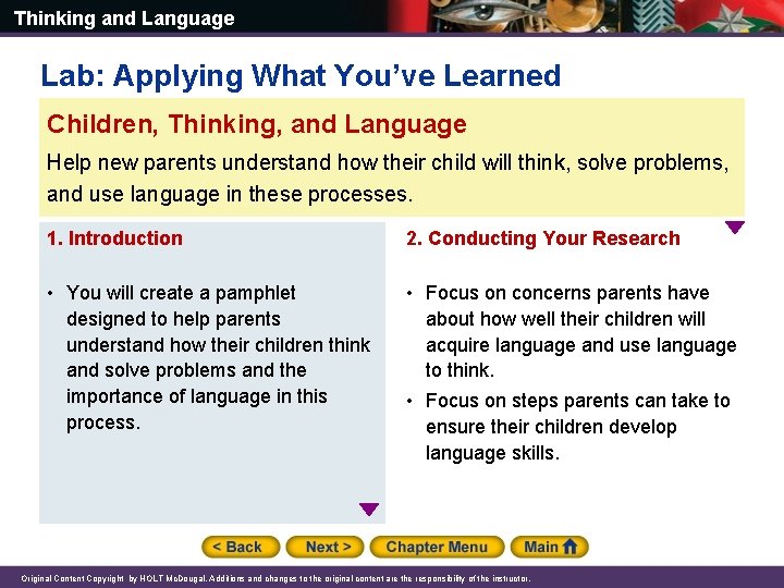 Thinking and Language Lab: Applying What You’ve Learned Children, Thinking, and Language Help new