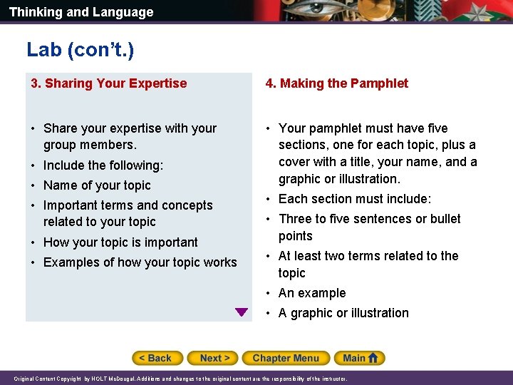 Thinking and Language Lab (con’t. ) 3. Sharing Your Expertise 4. Making the Pamphlet