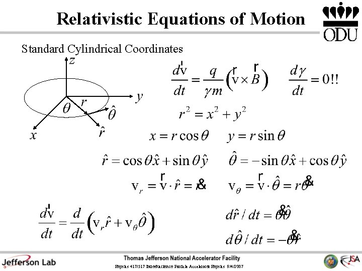 Relativistic Equations of Motion Standard Cylindrical Coordinates Physics 417/517 Introduction to Particle Accelerator Physics