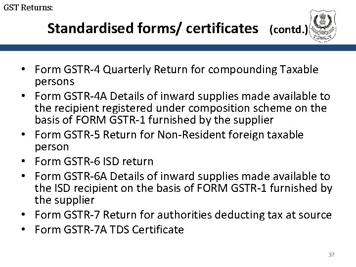 GST Returns: Standardised forms/ certificates (contd. ) • Form GSTR-4 Quarterly Return for compounding