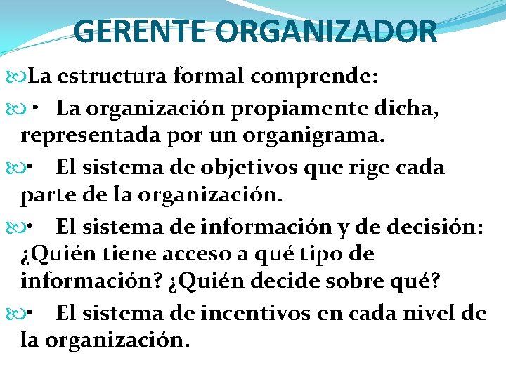 GERENTE ORGANIZADOR La estructura formal comprende: • La organización propiamente dicha, representada por un