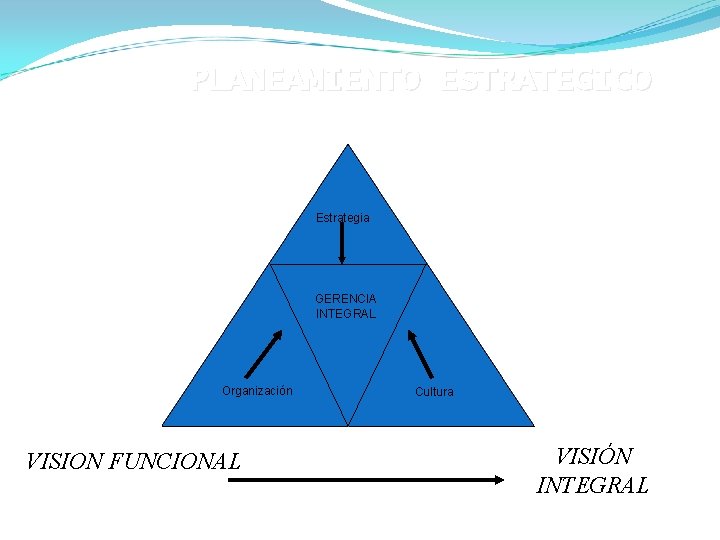PLANEAMIENTO ESTRATEGICO Estrategia GERENCIA INTEGRAL Organización VISION FUNCIONAL Cultura VISIÓN INTEGRAL 
