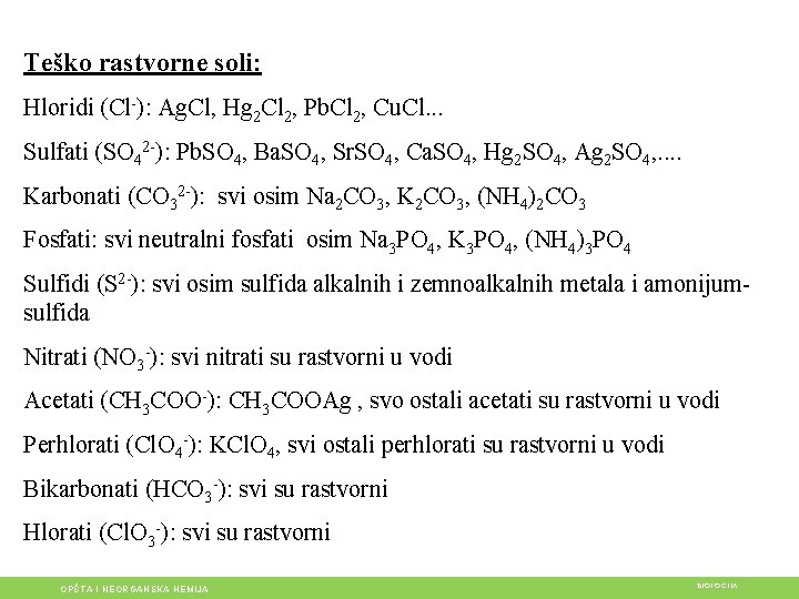Teško rastvorne soli: Hloridi (Cl-): Ag. Cl, Hg 2 Cl 2, Pb. Cl 2,
