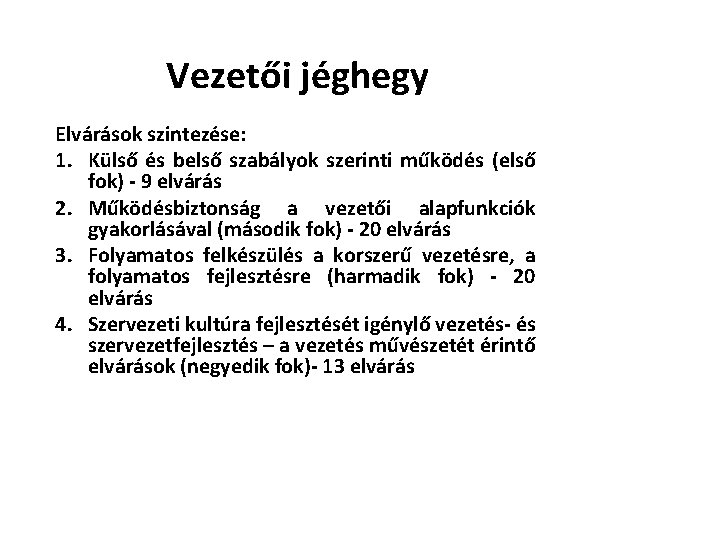 Vezetői jéghegy Elvárások szintezése: 1. Külső és belső szabályok szerinti működés (első fok) -