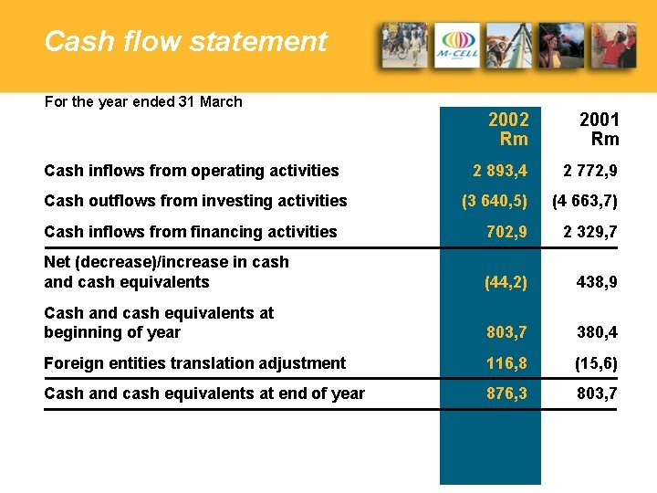 Cash flow statement For the year ended 31 March 2002 Rm 2001 Rm 2