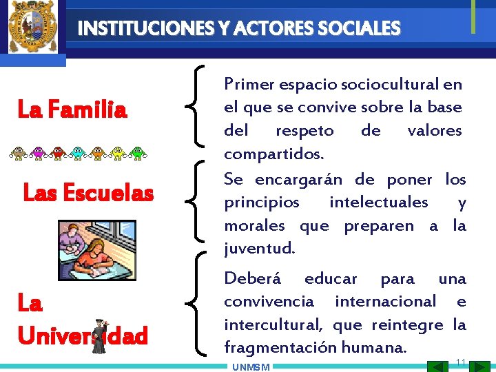 INSTITUCIONES Y ACTORES SOCIALES La Familia Las Escuelas La Universidad Primer espacio sociocultural en