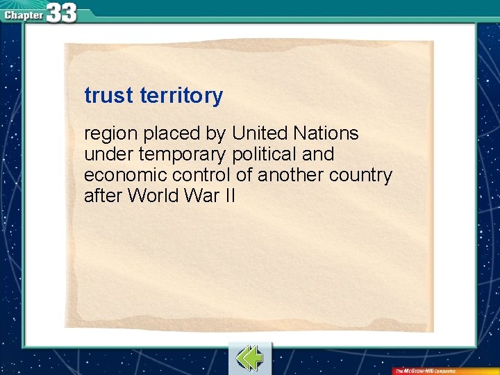 trust territory region placed by United Nations under temporary political and economic control of