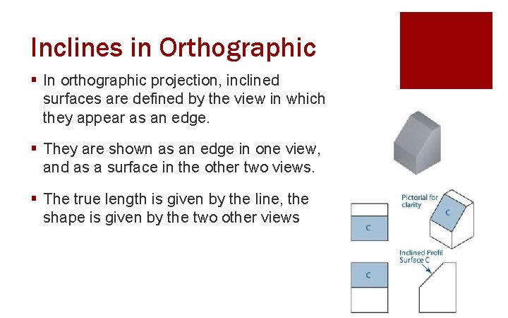Inclines in Orthographic § In orthographic projection, inclined surfaces are defined by the view