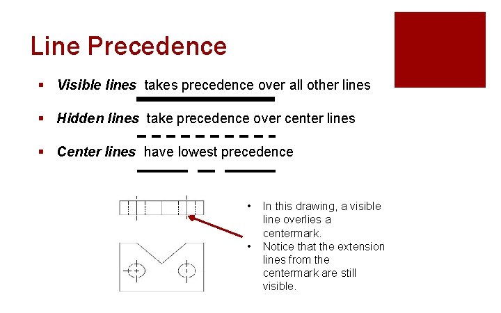 Line Precedence § Visible lines takes precedence over all other lines § Hidden lines