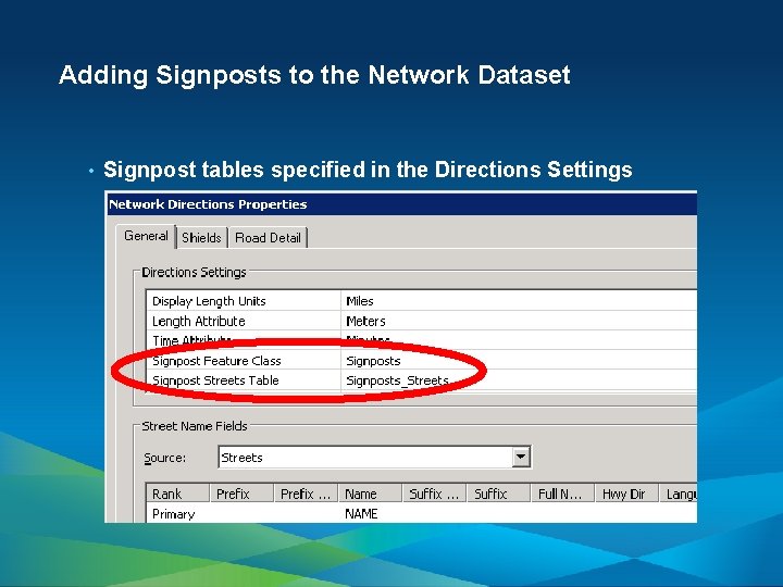 Adding Signposts to the Network Dataset • Signpost tables specified in the Directions Settings