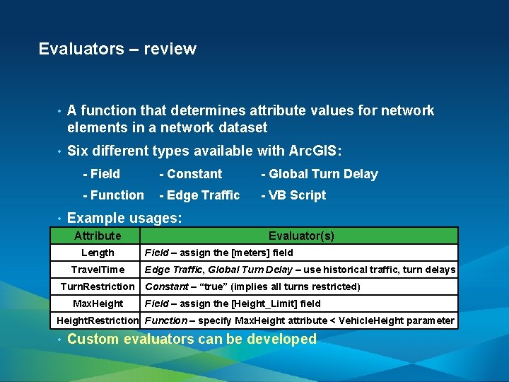 Evaluators – review • A function that determines attribute values for network elements in