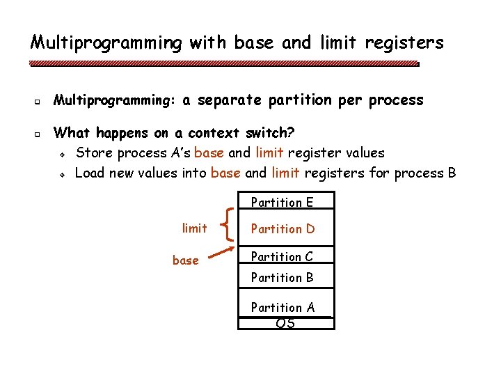 Multiprogramming with base and limit registers q q Multiprogramming: a separate partition per process