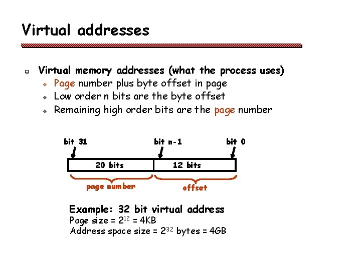 Virtual addresses q Virtual memory addresses (what the process uses) v Page number plus