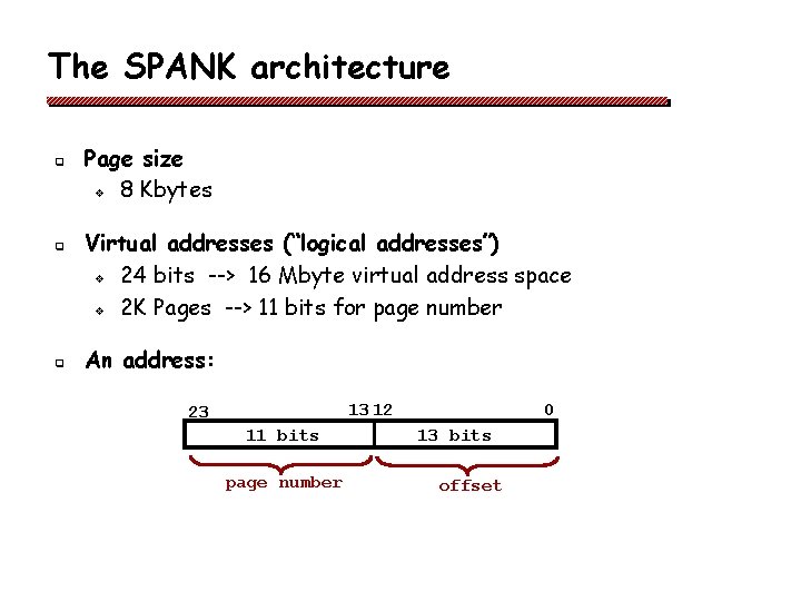 The SPANK architecture q q q Page size v 8 Kbytes Virtual addresses (“logical