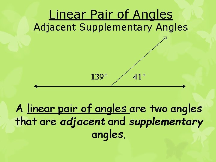 Linear Pair of Angles Adjacent Supplementary Angles A linear pair of angles are two