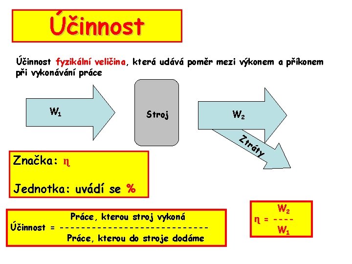 Účinnost fyzikální veličina, která udává poměr mezi výkonem a příkonem při vykonávání práce W