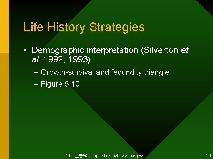 Life History Strategies • Demographic interpretation (Silverton et al. 1992, 1993) – Growth-survival and