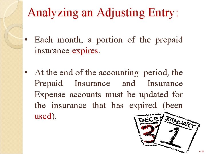 Analyzing an Adjusting Entry: • Each month, a portion of the prepaid insurance expires.