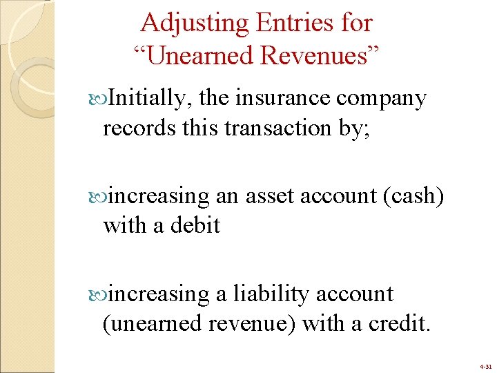 Adjusting Entries for “Unearned Revenues” Initially, the insurance company records this transaction by; increasing