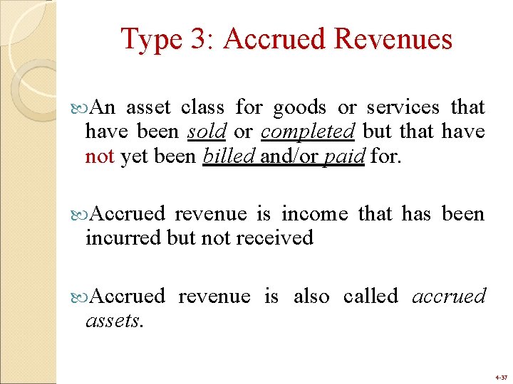 Type 3: Accrued Revenues An asset class for goods or services that have been