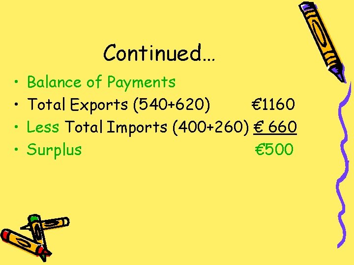 Continued… • • Balance of Payments Total Exports (540+620) € 1160 Less Total Imports