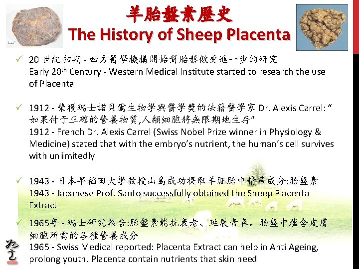 羊胎盤素歷史 The History of Sheep Placenta ü 20 世紀初期 - 西方醫學機構開始對胎盤做更進一步的研究 Early 20 th