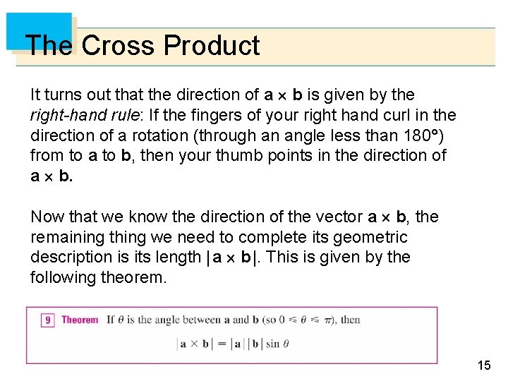 The Cross Product It turns out that the direction of a b is given