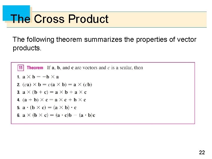The Cross Product The following theorem summarizes the properties of vector products. 22 