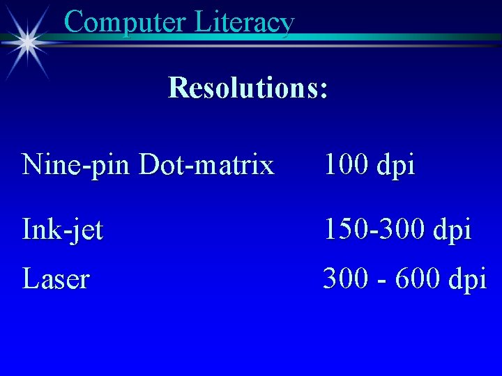 Computer Literacy Resolutions: Nine-pin Dot-matrix 100 dpi Ink-jet 150 -300 dpi Laser 300 -