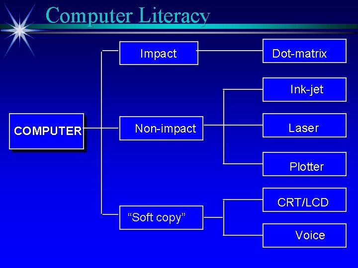 Computer Literacy Impact Dot-matrix Ink-jet COMPUTER Non-impact Laser Plotter CRT/LCD “Soft copy” Voice 