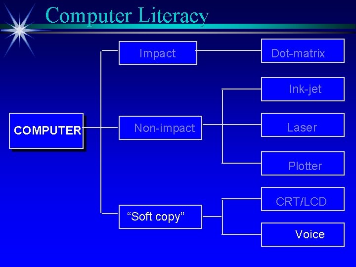 Computer Literacy Impact Dot-matrix Ink-jet COMPUTER Non-impact Laser Plotter CRT/LCD “Soft copy” Voice 