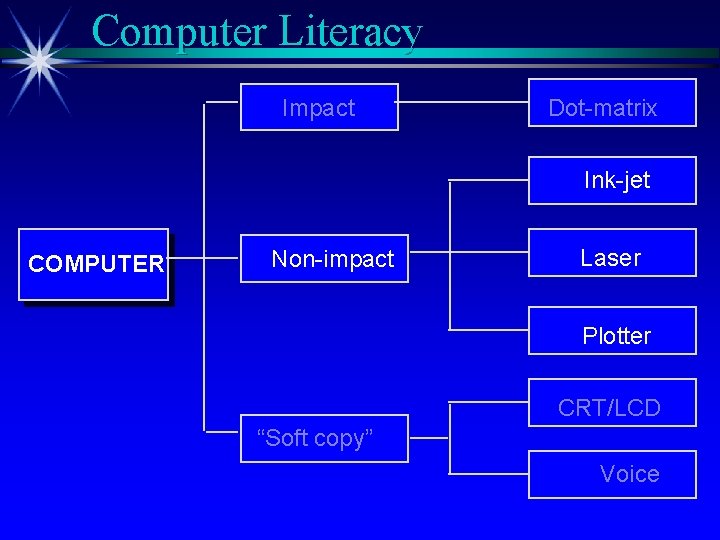 Computer Literacy Impact Dot-matrix Ink-jet COMPUTER Non-impact Laser Plotter CRT/LCD “Soft copy” Voice 