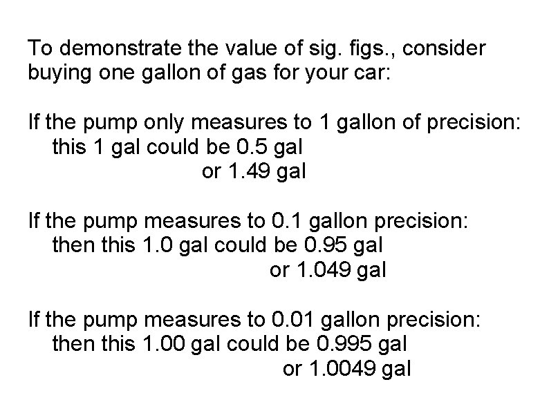 To demonstrate the value of sig. figs. , consider buying one gallon of gas
