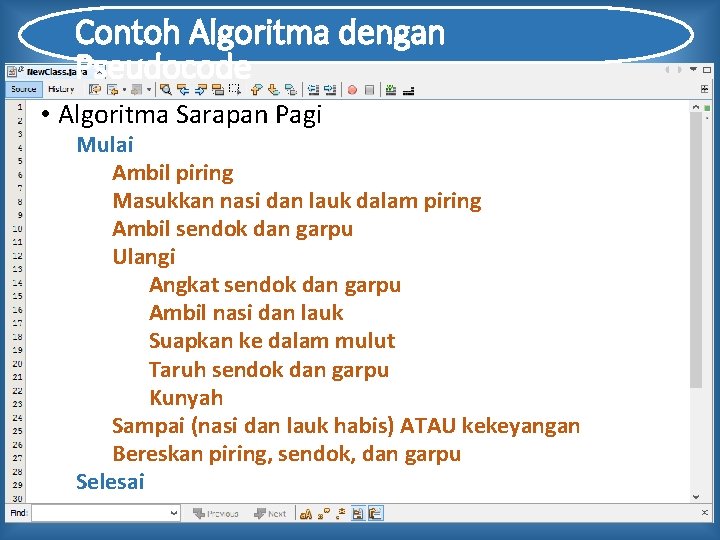 Contoh Algoritma dengan Pseudocode • Algoritma Sarapan Pagi Mulai Ambil piring Masukkan nasi dan