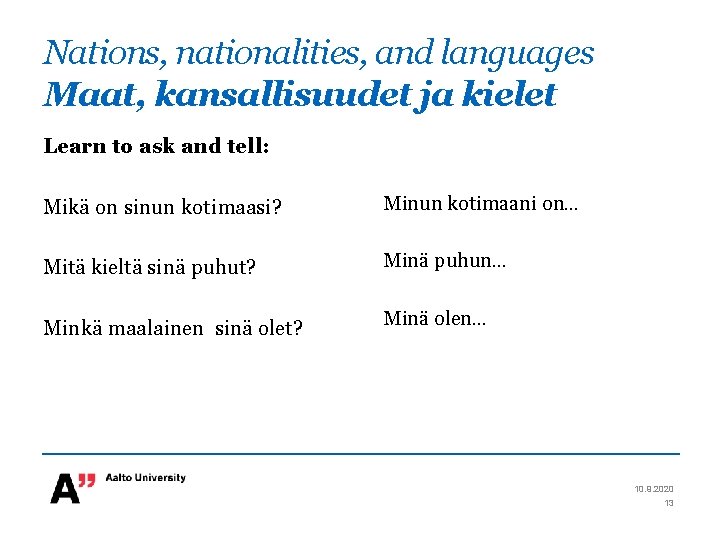 Nations, nationalities, and languages Maat, kansallisuudet ja kielet Learn to ask and tell: Mikä Nations, nationalities, and languages Maat, kansallisuudet ja kielet Learn to ask and tell: Mikä