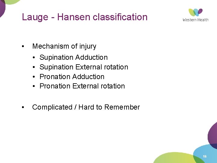 Lauge - Hansen classification • Mechanism of injury • • • Supination Adduction Supination