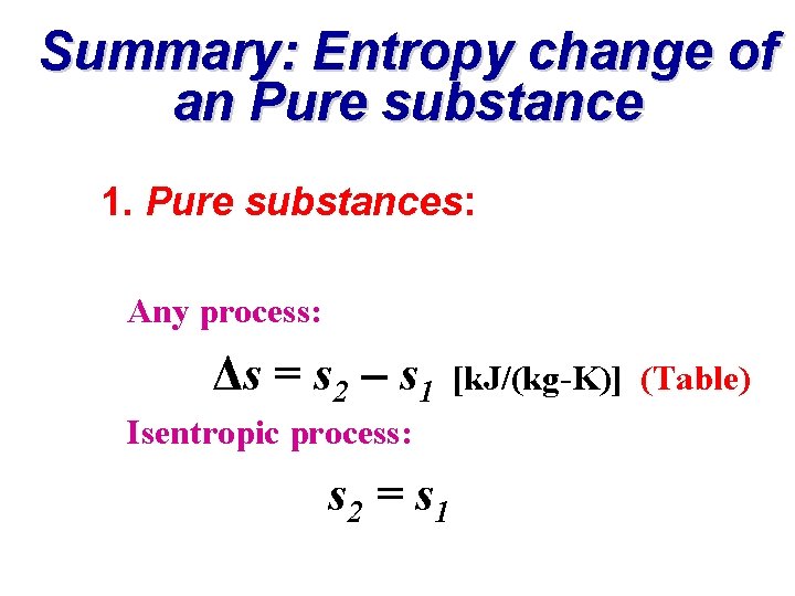 Summary: Entropy change of an Pure substance 1. Pure substances: Any process: Δs =