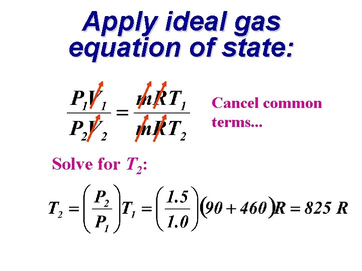 Apply ideal gas equation of state: Cancel common terms. . . Solve for T