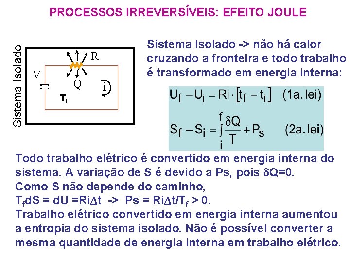 Sistema Isolado PROCESSOS IRREVERSÍVEIS: EFEITO JOULE Sistema Isolado -> não há calor cruzando a