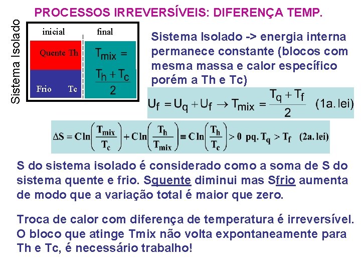 Sistema Isolado PROCESSOS IRREVERSÍVEIS: DIFERENÇA TEMP. inicial final Quente Th Frio Tc Sistema Isolado